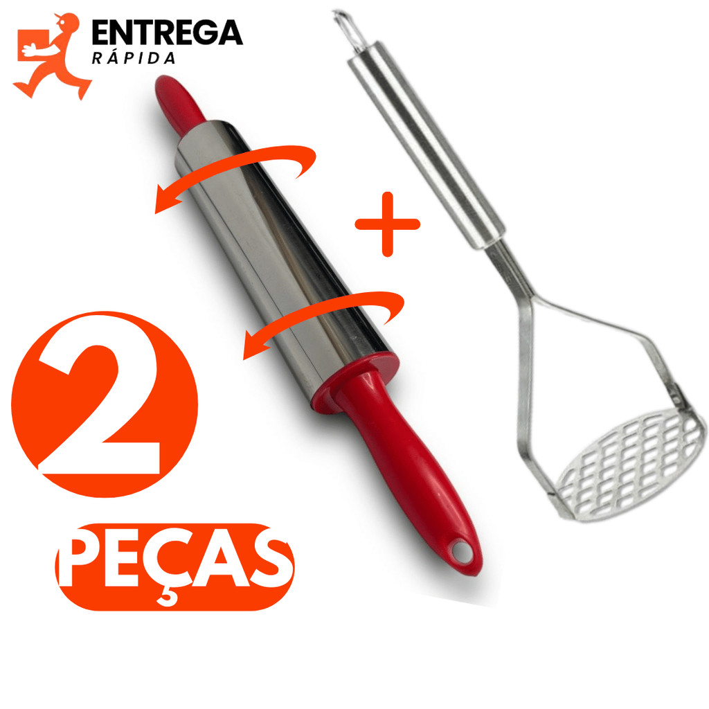 Kit 2 Peças Amassador de Batata Inox + Rolo para Abrir Massa