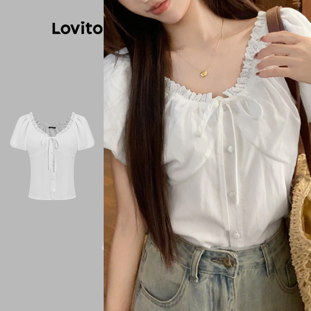 Lovito Blusa casual lisa com renda e botão e manga bufante para mulheres L102AD101