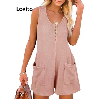 Lovito Macacão casual de bolso com botão liso para mulheres LNL75120