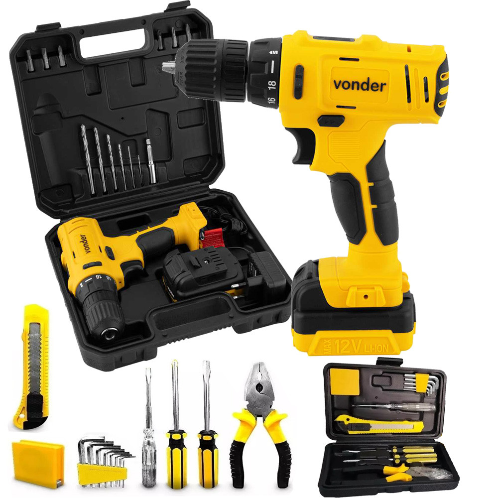 Kit Parafusadeira Furadeira PFV120 12v Maleta Broca + Ferramentas - Com Bateria e Carregador Vonder