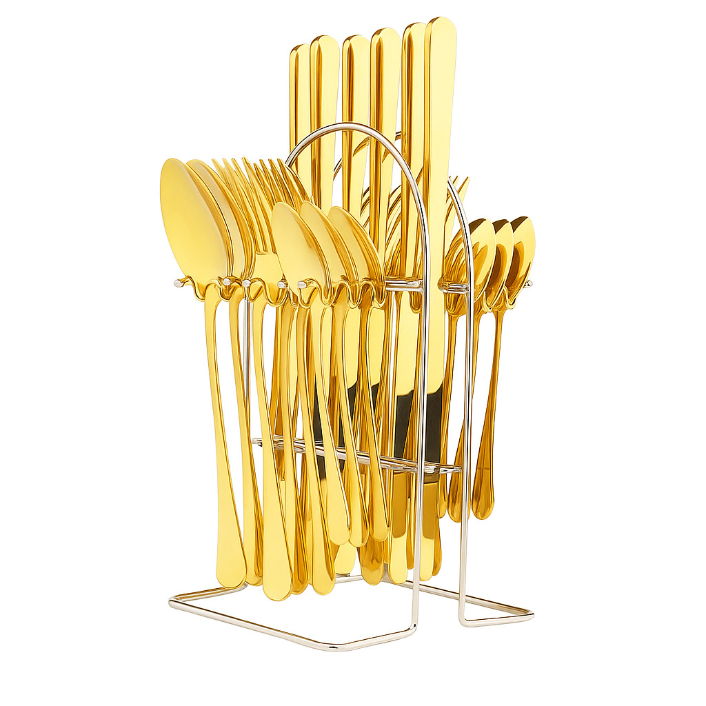 Kit 25 Talheres Inglaterra Dourado Garfo Faca Colher Cozinha Alta Qualidade + Suporte