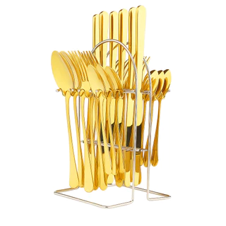 Kit 25 Talheres Inglaterra Dourado Garfo Faca Colher Cozinha Alta Qualidade + Suporte