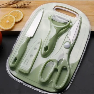 Kit De Utensílios De Cozinha 4 Peças Faca Tesoura Descascador Tábua Culinária