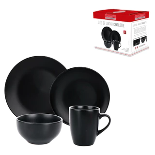 Conjunto de Cerâmica 16 Peças Pratos Bowls e Canecas Preto Hauskraft