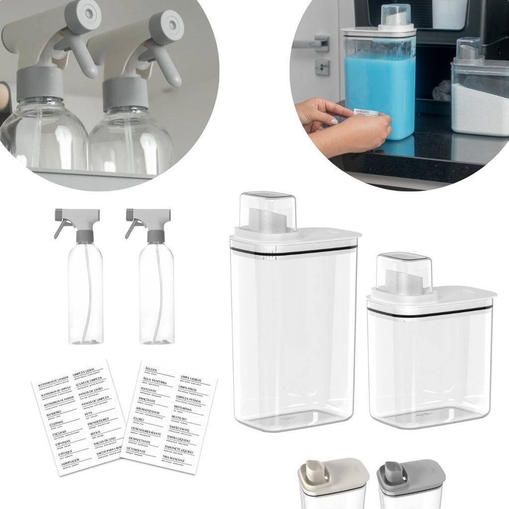 Kit Lavanderia Porta sabão 2,3L, 1,5L, Borrifador, Etiqueta