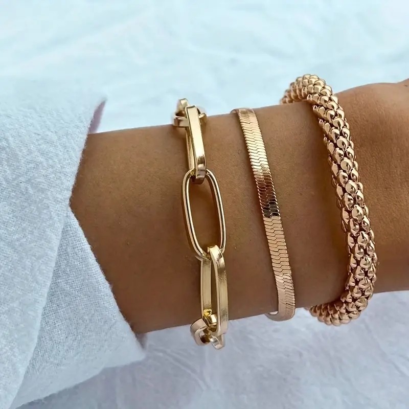 Pulseira de Corrente de Ossos de Cobra Multi-Layer Pulseira Criativa Retro de 3 Peças Conjunto de Corrente Metálica Fêmea
