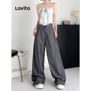 Lovito Calça casual com zíper liso para mulheres LNA72493
