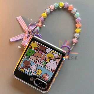 Caixa Slim Cute Hard PC Transparente Para Samsung Galaxy Z Flip 6 5 4 3 5G Com Bracelete Coração De Amor Colorido Pulseira Flip6