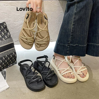 Lovito Sandálias planas casuais lisas cruzadas e elegantes para mulheres LFA45370