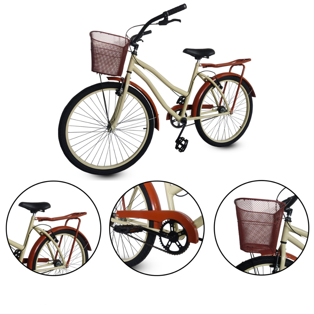 BICICLETA ARO 26 RETRO BEACH BIKE FEMININA VINTAGE BEGE MAROM