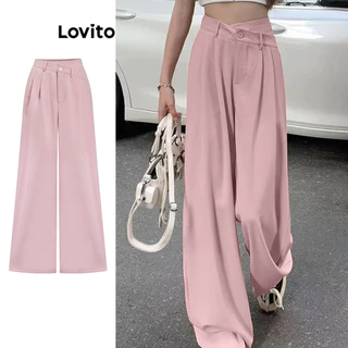 Lovito Calça casual lisa assimétrica com bolso drapeado para mulheres L100MD117