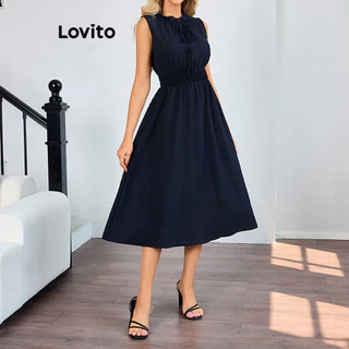 Lovito Vestido elegante liso com babados em jacquard para mulheres LBL16054