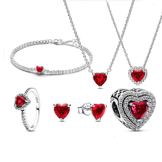 2024 Dia dos Namorados 925 Prata Espumante Coração Vermelho Halo Charme Pingente Fit Pulseira Mulheres Jóias Diy