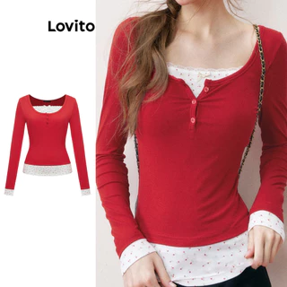 Lovito Casual Patchwork Laço Frente Padrão Tecido Costura T-Shirt para Mulheres L102AD143