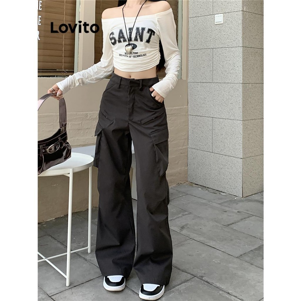 Lovito Calça básica lisa casual para mulheres LNM69031