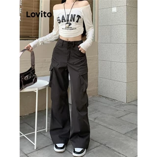 Lovito Calça básica lisa casual para mulheres LNM69031