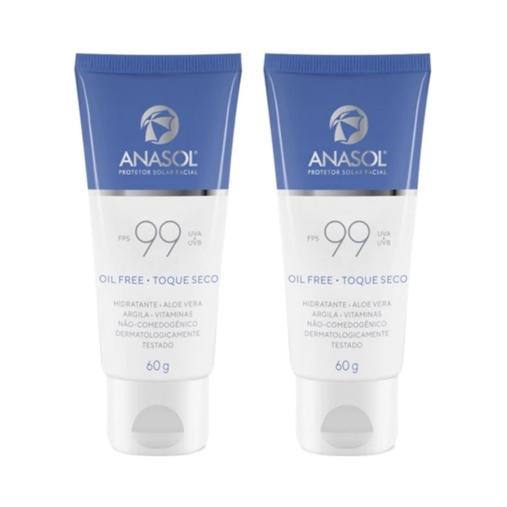 Kit 2 Protetor Solar Facial Anasol FPS 99 Toque Seco UVA Vegano 60g