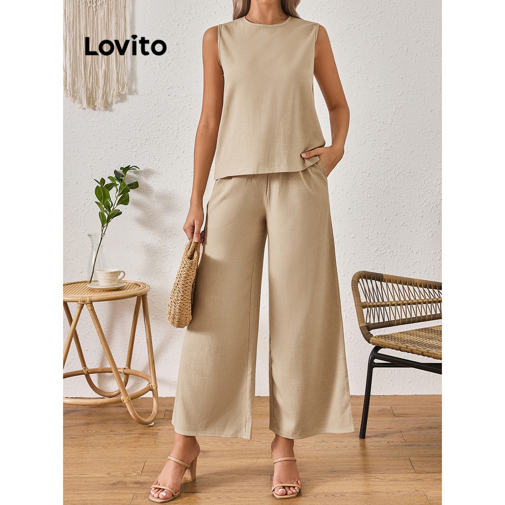 Lovito Conjuntos elegantes de calças básicas lisas para mulheres LBL15088