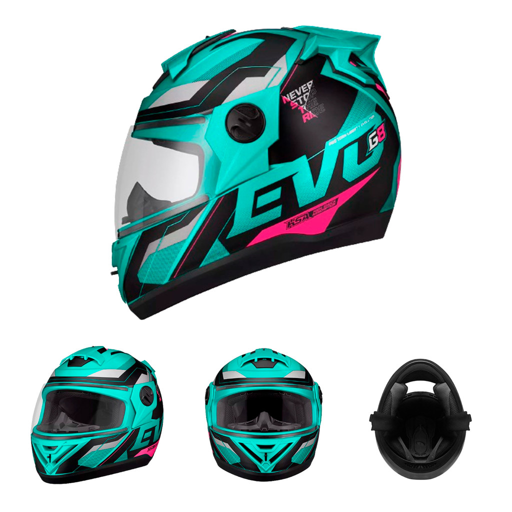 Capacete Moto Fechado Verde Turquesa G8 EVO Viseira Cristal
