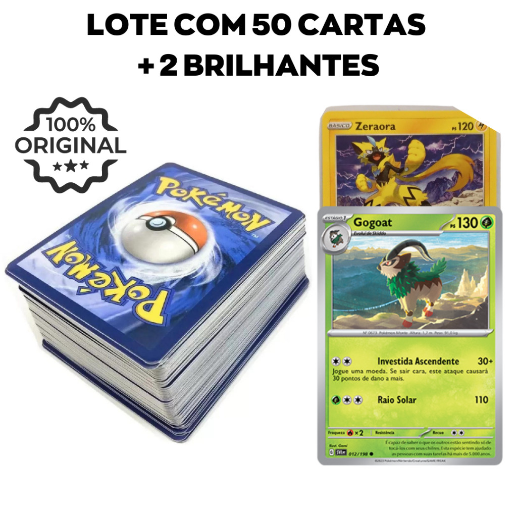 Coleção Pokémon com 50 cartas originais + 2 Pokémon Lendários/Míticos ...