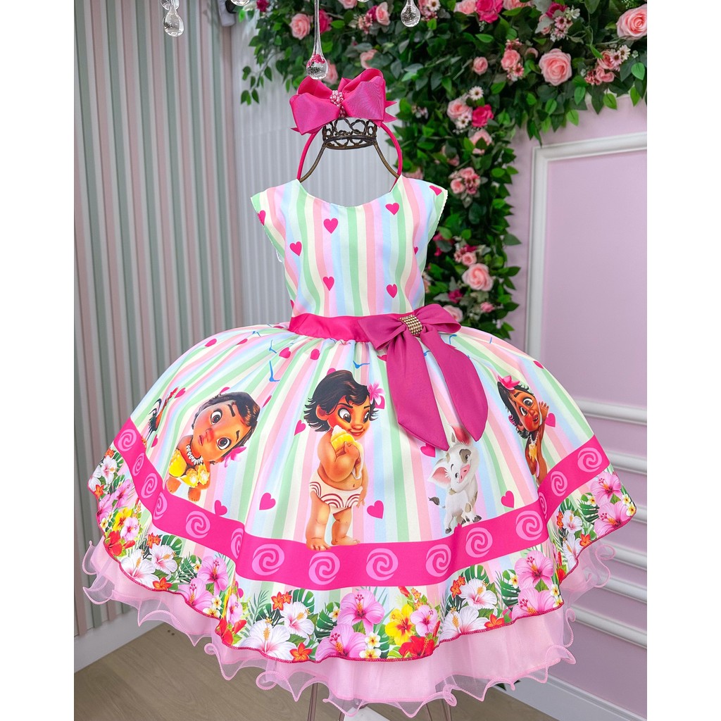 Vestido Temático Luxo Moana Baby Rosa Modelo Infantil Juvenil