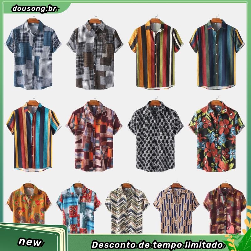 2022 Verão Novo Masculino Havaiano Casual Manga Curta Floral Camisa Listrada Estampada Larga Algodão E Linho Plus Size Lapela Botão Up