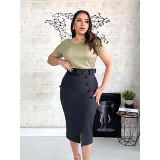 Saia Feminina Longa Assimétrica Moda Evangélica Com Botão