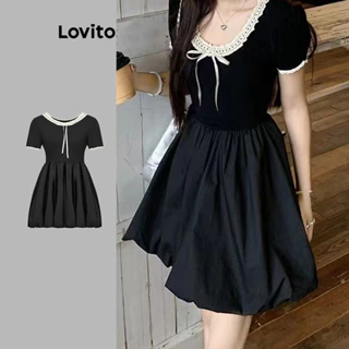 Lovito Vestido fofo liso com babados no pescoço e amarração frontal para mulheres L102AD351