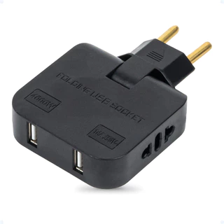 Adaptador Benjamim De Tomada Plug T 16A Articulado Dobrável Bipolar USB Bivolt 110/220V Pino Chato