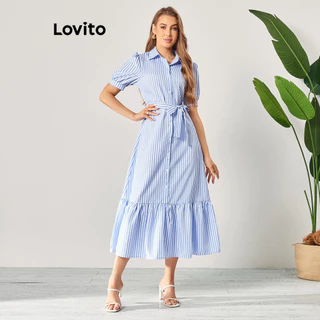 Lovito Vestido Casual Listrado com Babado e Cinto para Mulheres LBL06058 (Multicolorido)