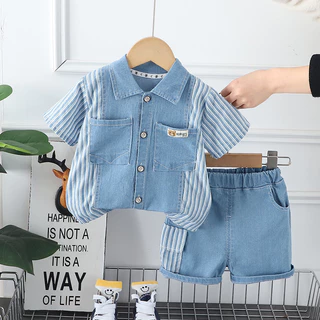 2024 Novas Roupas De Verão Para Meninos Bebês Crianças Moda Camisa Listrada Calções 2Pcs/Sets Casuais De Fato De Bebê