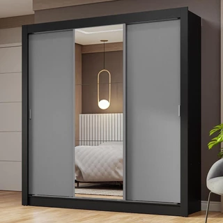 Guarda-Roupa Casal 3 Portas de Correr com Espelho Preto/Cinza Nobre Madesa em Oferta na Shopee