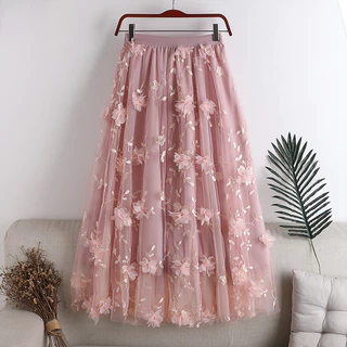 Plissado Saia De Tule Com Bordados De Mulheres De Cintura Alta Elástica Tutu midi