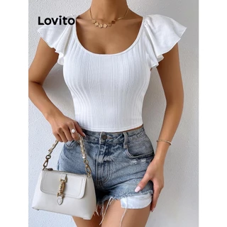 Lovito Camiseta feminina casual com babados lisos LNL75353