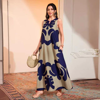 2024 Amazon TEMU explode vestido comprido retrô com estampa longa vintage vestido boêmio sem mangas com decote em V