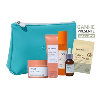 Kit Océane Acne Gel de Limpeza, Tônico Vitamina C, Ácido Slc., Cream Hidratante, Necessaire Azul + Presente