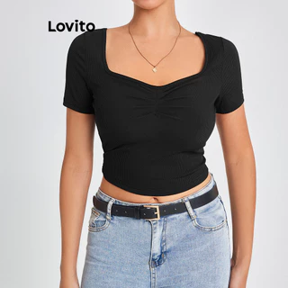 Lovito Camiseta básica casual de malha canelada lisa para mulheres LBL16287