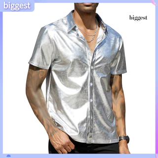 [BG] Camisa Masculina De Verão Superfície Brilhante Gola Virada Para Baixo Manga Curta Solta Cor Sólida Festa Boate Dança Streetwear Top