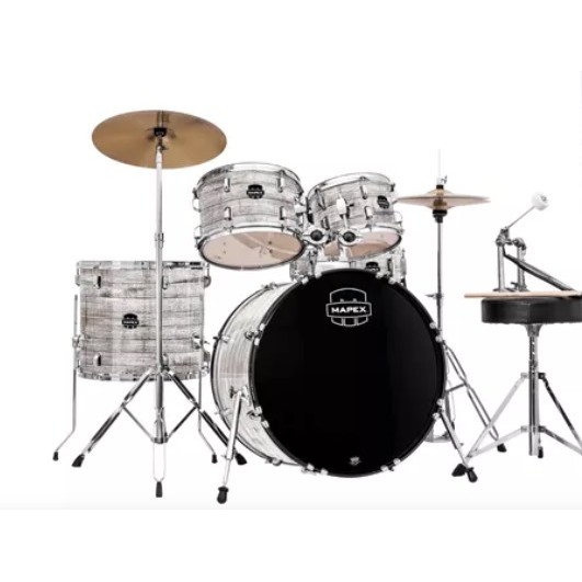 Bateria Mapex Bumbo 18x16 Comet Madeira Poplar 5 Peças Branco Rajado com Baquetas