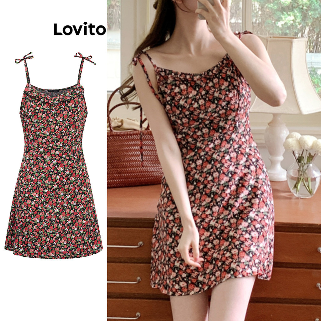 Lovito Vestido Boho Ditsy floral com babados e rendas para mulheres L91AD349