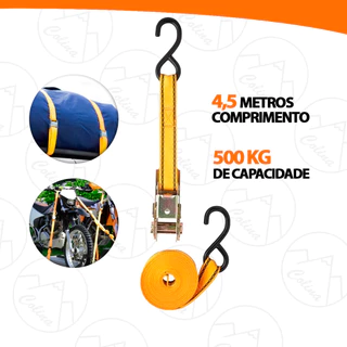 Cinta Catraca Para Amarração de Carga 500KG Poliéster e Ferro 450CM X 2,5CM X 4,5CM