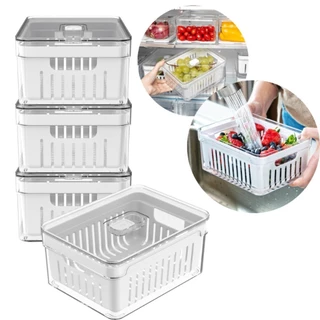 Kit 4 Cesto Caixa Pote Com Tampa Organizadora De Alimentos Frutas Legumes Verduras Geladeira 4L