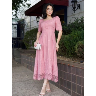 Vestido longuete luxo elegante lese bordado algodão manga curto