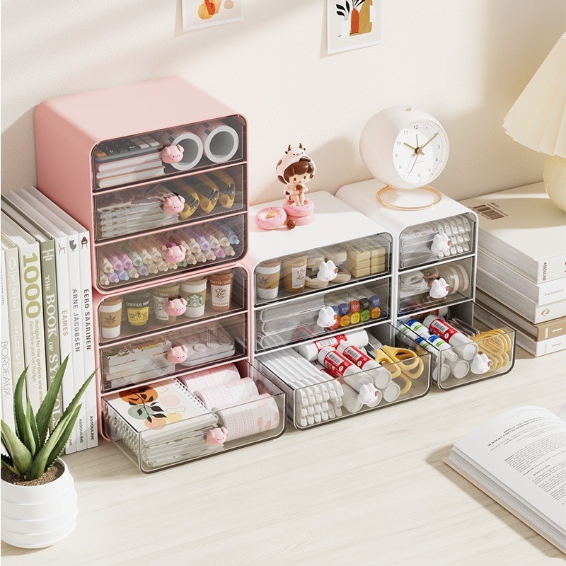 Gaveteiro Organizador de Mesa com 3 Gavetas Escritorio Maquiagem Joias Multiuso Branco Rosa