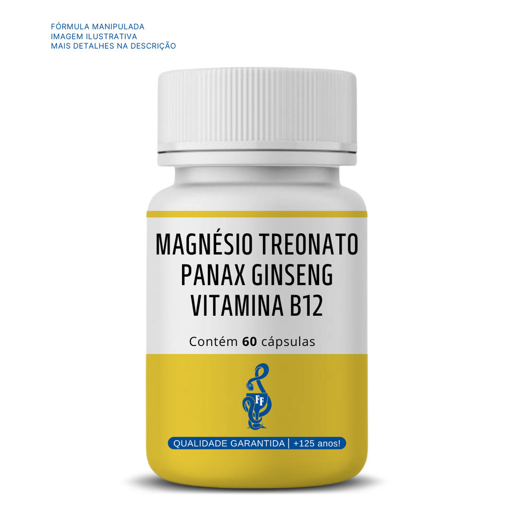 Magnésio Treonato 200mg + PanaxGinseng 100mg + Metilcobalamina (Vit. B12) 1.000mcg 60 CPS - Suplemento Alimentar
