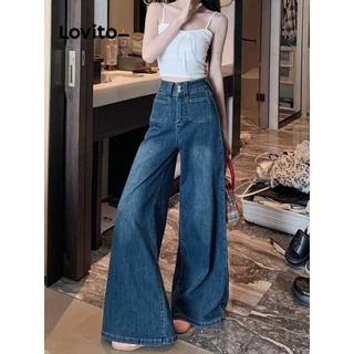 Lovito Jeans casual com bolso liso e zíper para mulheres LNE73068
