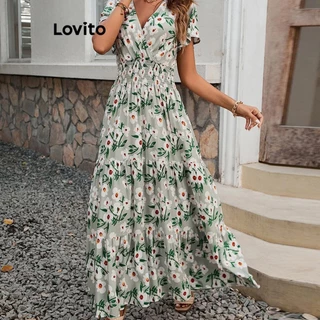 Lovito Vestido elegante tropical com babados em cascata para mulheres LNL73407