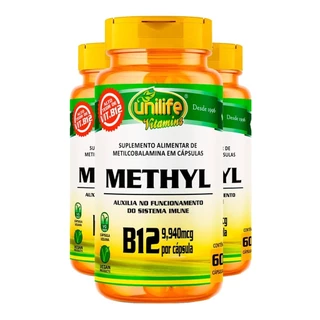 Kit 3x Vitamina B12 350mg Unilife Methyl 60 Cápsulas