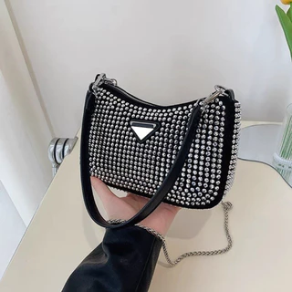 Bolsa crossbody feminina com alça de corrente prata glitter cristal strass anjgg