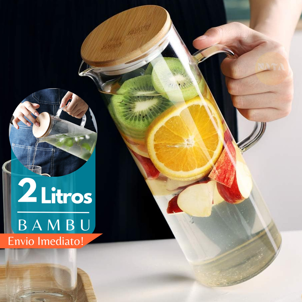 Jarra de Vidro 2L Borossilicato Tampa Bambu Transparente Linha Mesa Posta Jarra de Suco Geladeira